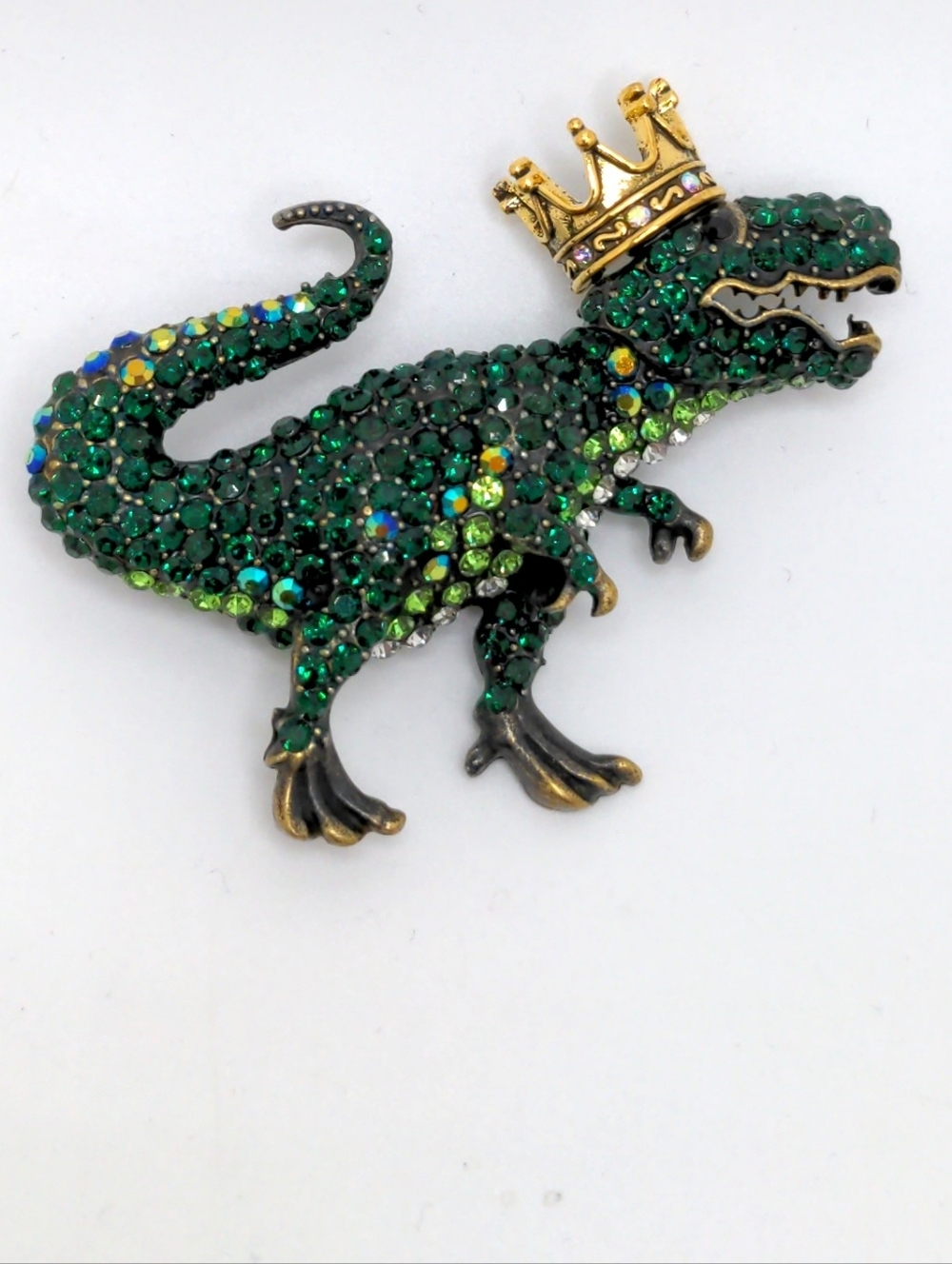 Emerald Gold Dinosaur Brooch with Crown